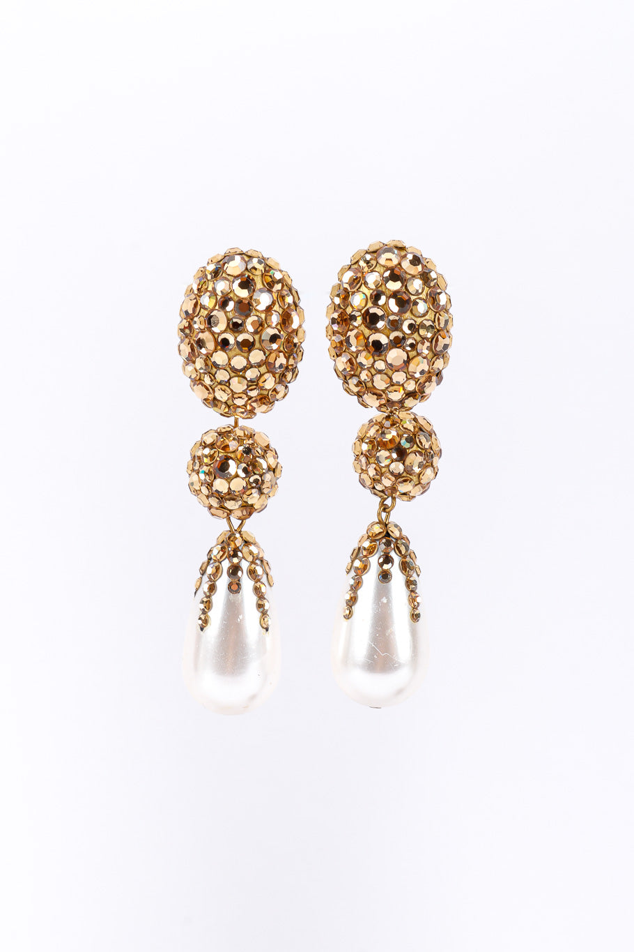 Vintage rhinestone pearl drop earrings on white background @recessla