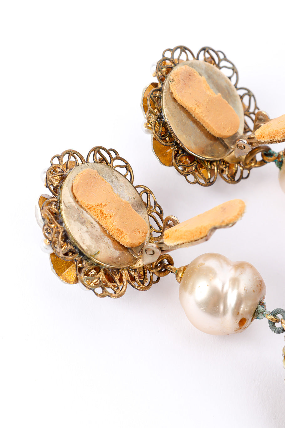 Vintage Filigree Dome Drop Earrings ear pad and pearl damage closeup @Recessla