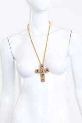 Vintage Kenneth Jay Lane Byzantine Crystal Cross Pendant Necklace on manenquin @recess la