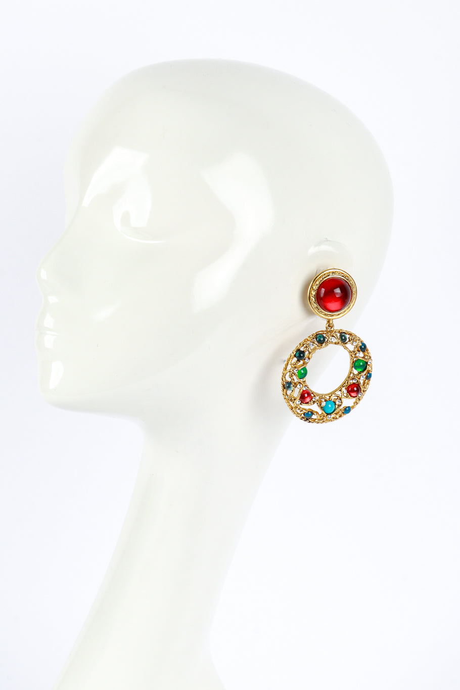 Vintage Kenneth Jay Lane Rainbow Gripoix Hoop Drop Earrings on mannequin @recess la