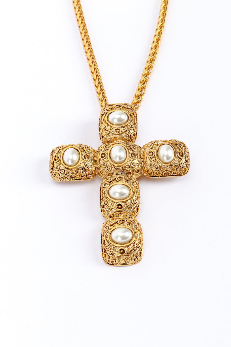 Vintage Kenneth Jay Lane Byzantine Pearl Cross Brooch Pendant Necklace front pendant closeup @recess la