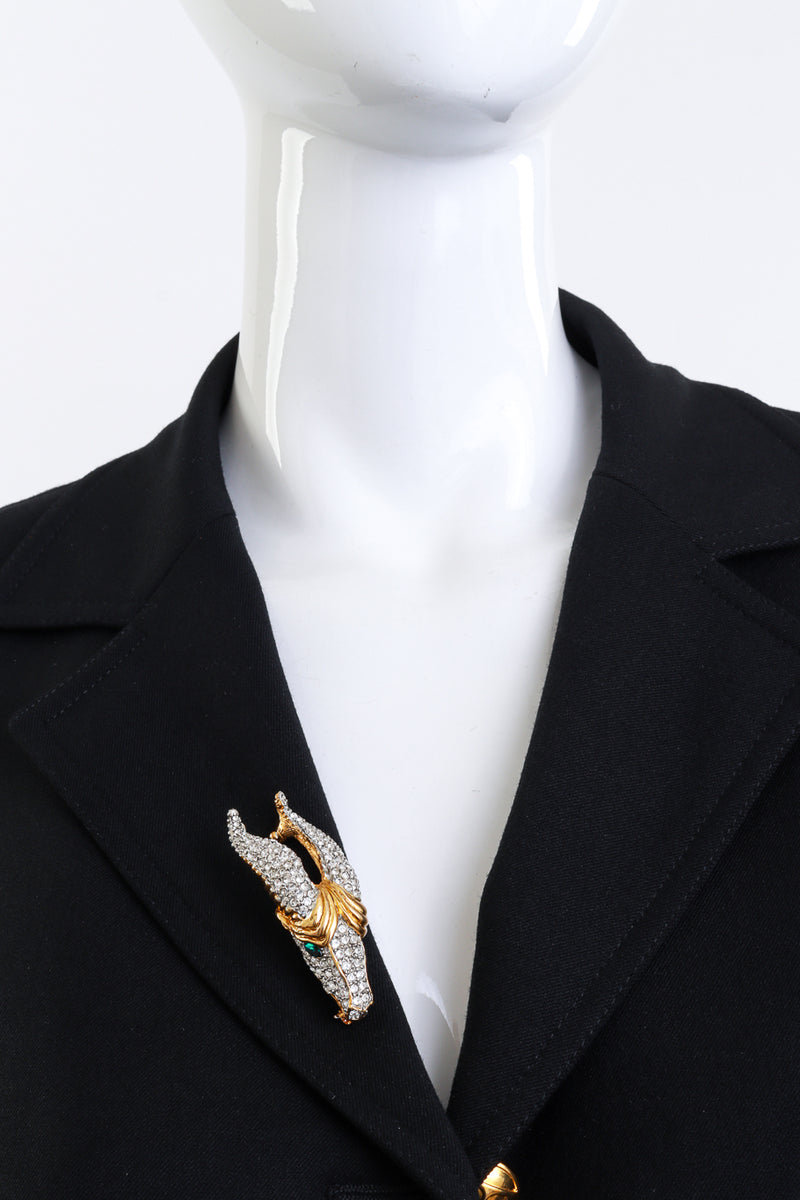 Vintage Kenneth Jay Lane Rhinestone Goats Head Brooch on mannequin @recess la