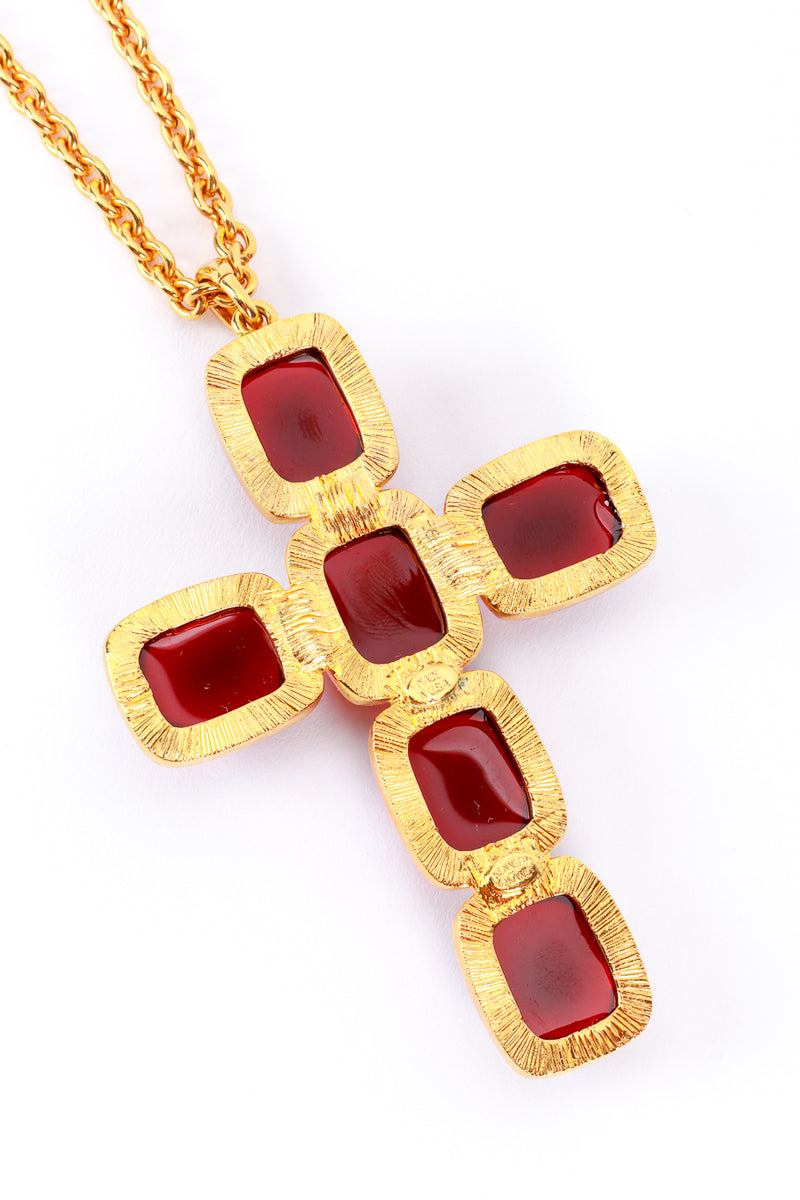 Vintage Kenneth Jay Lane Garnet Cabochon Cross Pendant Necklace back closeup @recess la