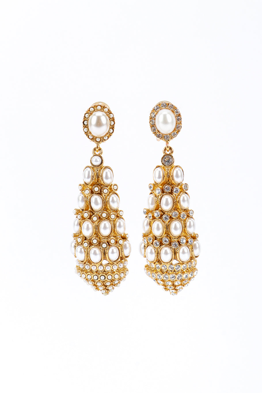 Vintage Kenneth Jay Lane Mismatched Pearl & Rhinestone Chandelier Earrings  front @recess la