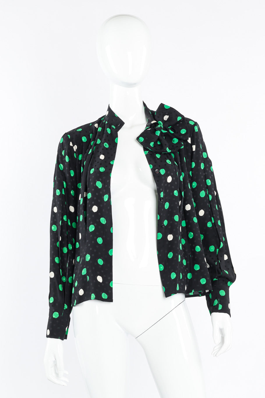 Adolfo polka dot silk blouse and skirt set blouse on mannequin @recessla