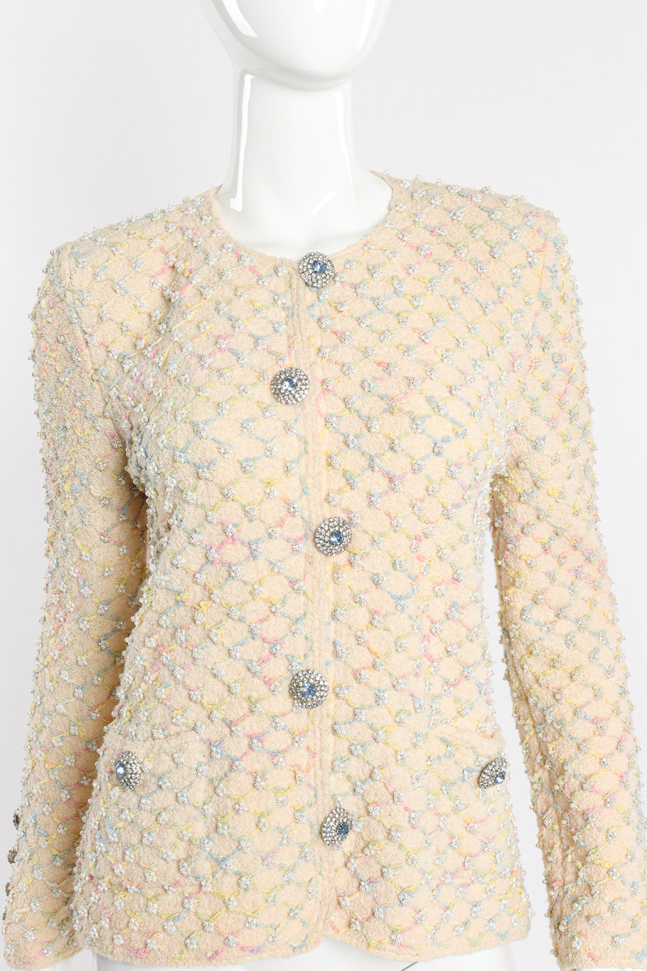 Vintage Adolfo Lattice Pearl Jacket front view on mannequin closeup @Recessla