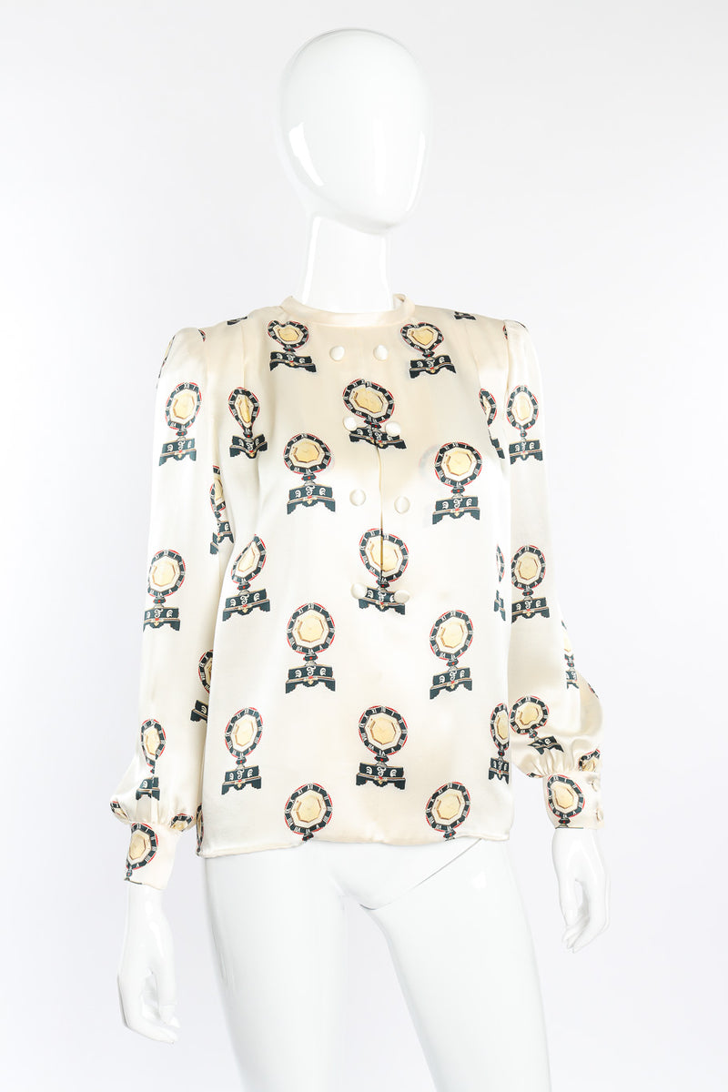 Vintage André Laug Roman Clock Motif Silk Blouse front view on mannequin closeup @Recessla