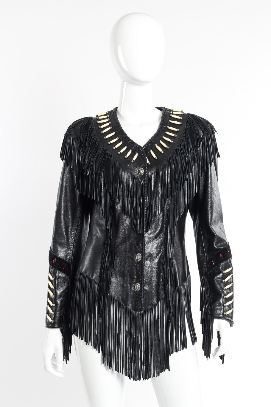 Vintage Arturo Beaded Leather Fringe Jacket front view on mannequin @recessla