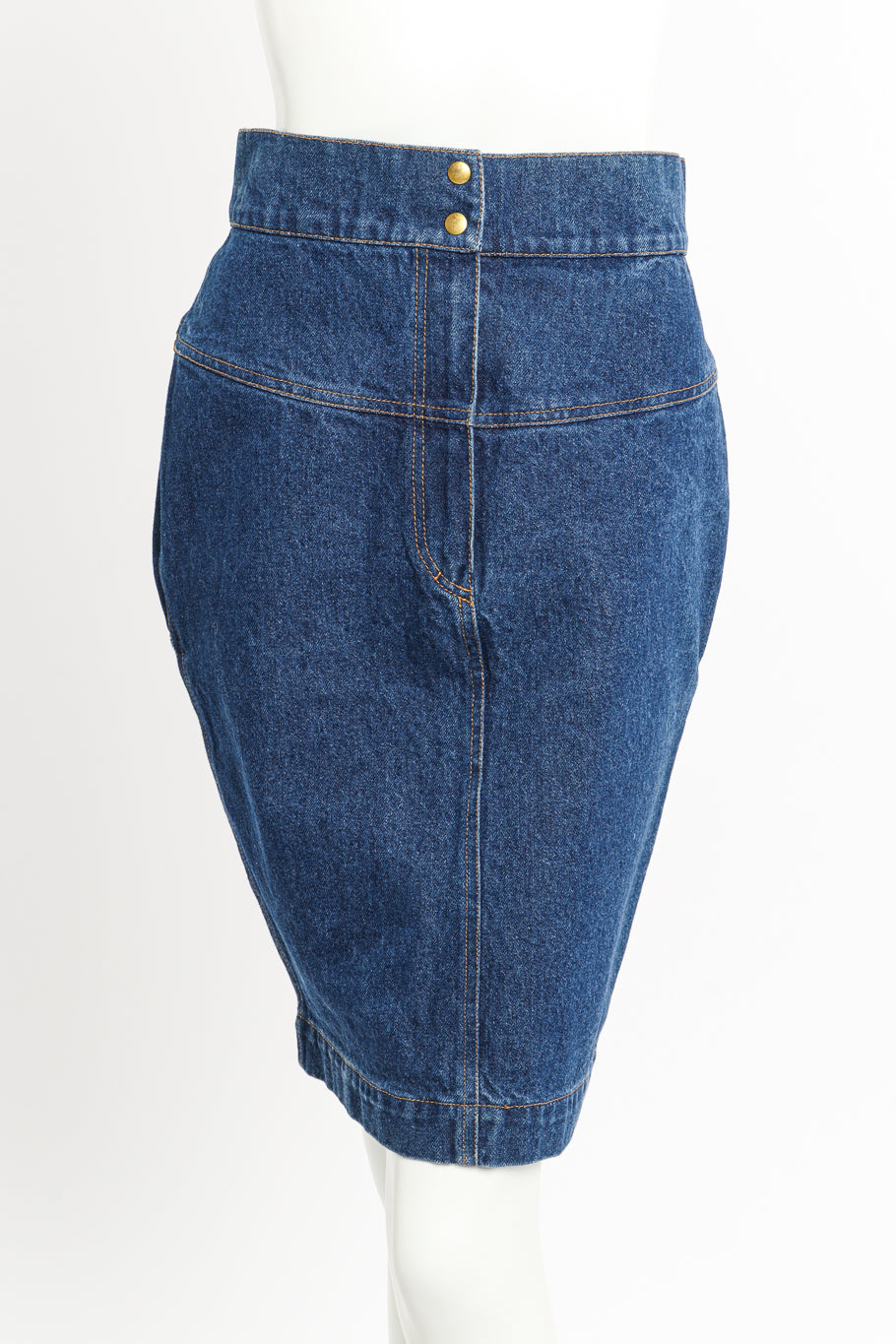 Vintage Alaia Denim Pencil Skirt front on mannequin closeup @recessla