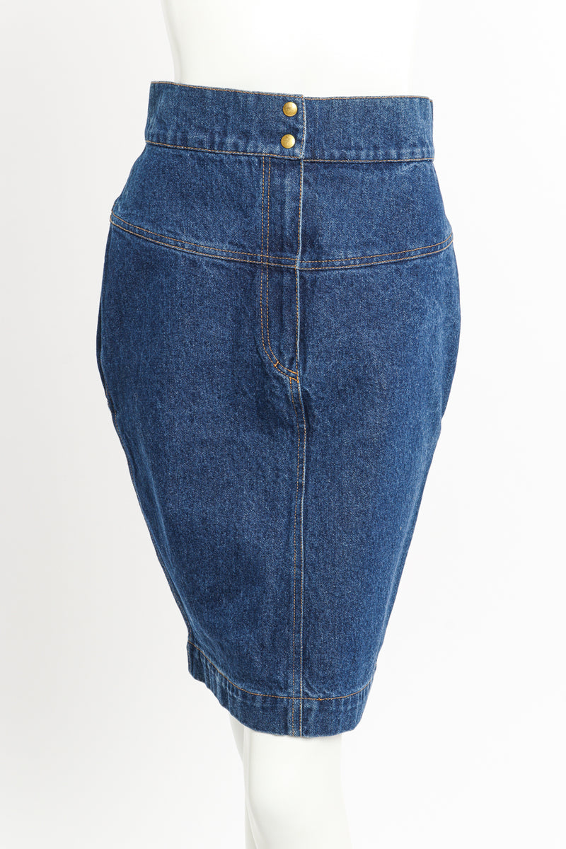 Vintage Alaia Denim Pencil Skirt front on mannequin closeup @recessla