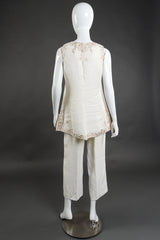 Vintage Alberta Ferretti woven linen embroidered cream mock tunic vest and pant twin seti back view on mannequin @Recess LA