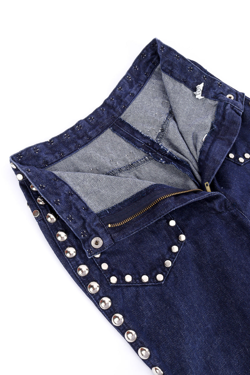 Vintage Allie Flynn Studded Denim Top and Pant Set pant unzipped on white backdrop @Recessla