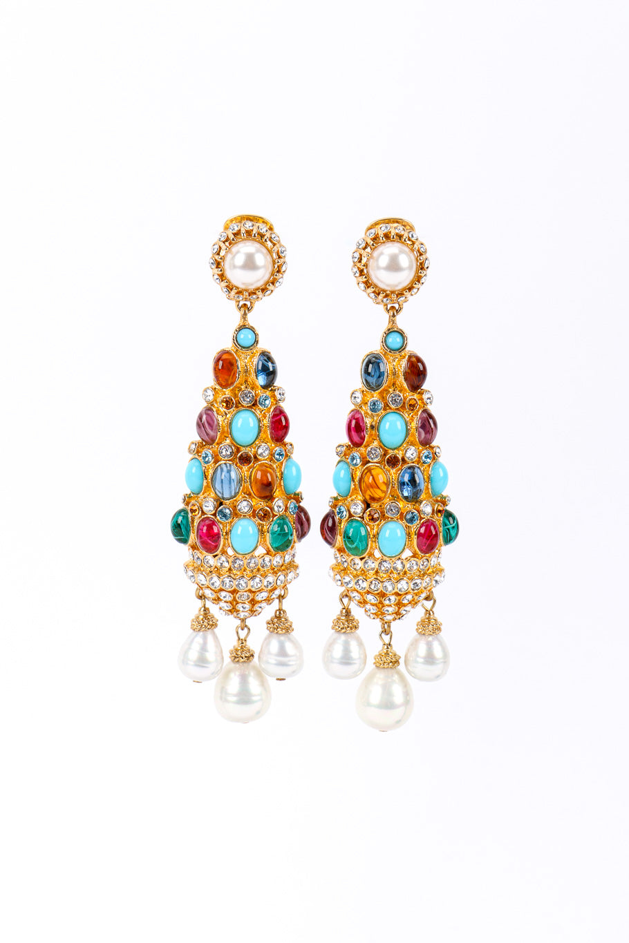 Vintage Ben Amun Glass Stone Chandelier Drop Earrings front view on white backdrop @Recessla