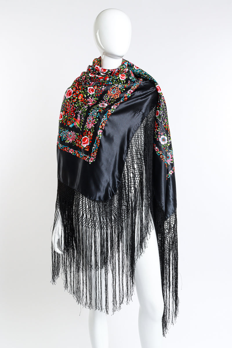 Vintage Embroidered Floral Fringe Piano Shawl draped on mannequin front @recess la