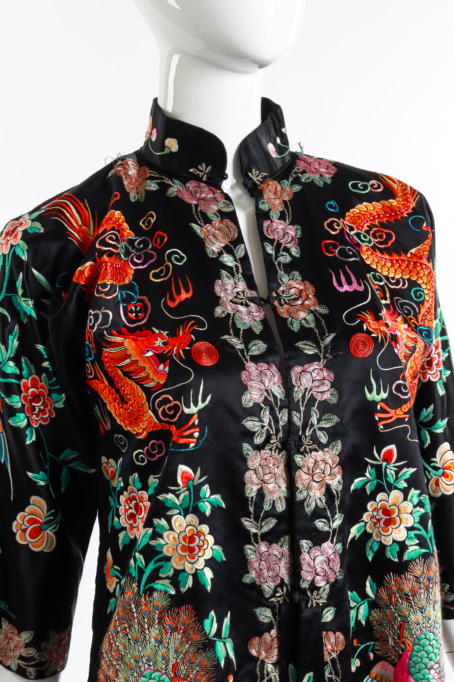 Vintage Floral Chinese Dragon Silk Jacket front on mannequin closeup @recess la