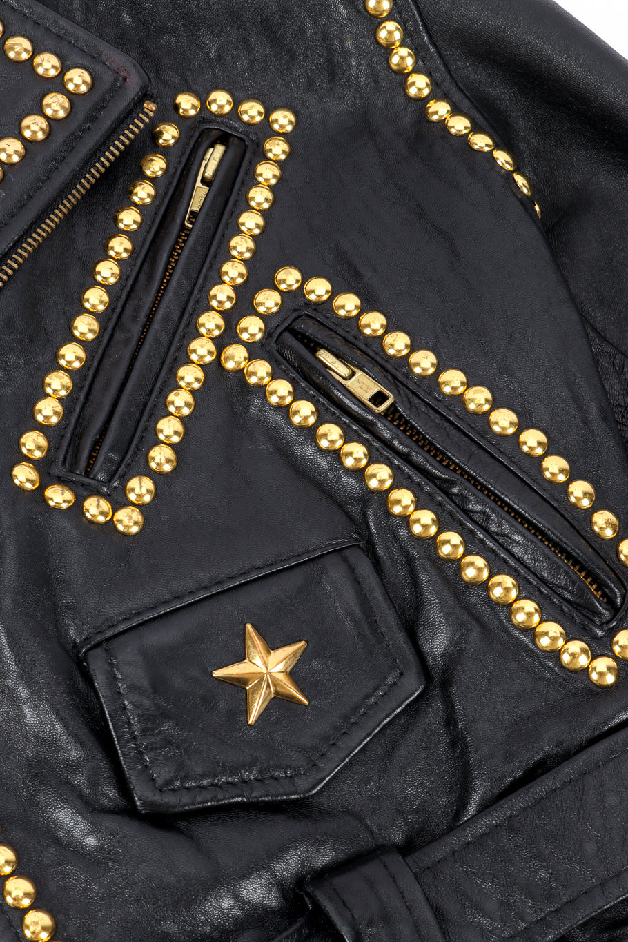 Vintage Caché Eagle Stud Moto Jacket II zipper pockets closeup @recessla