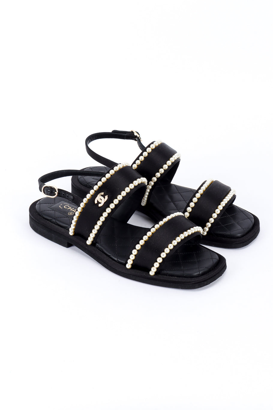 Chanel CC Satin & Pearl Sandals 3/4 front @recess la