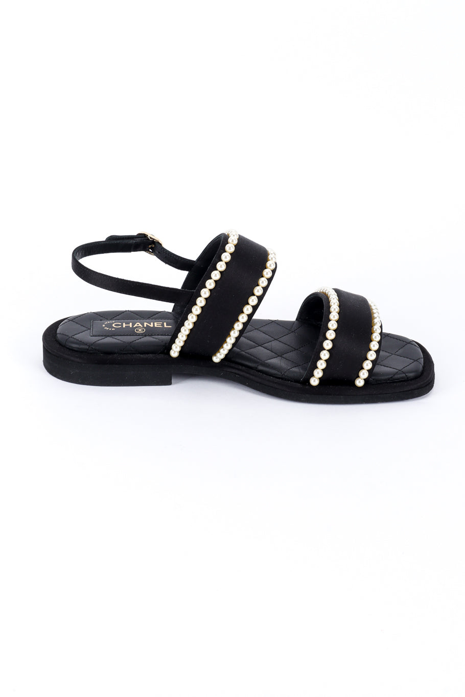 Chanel CC Satin & Pearl Sandals left shoe inner side @recess la