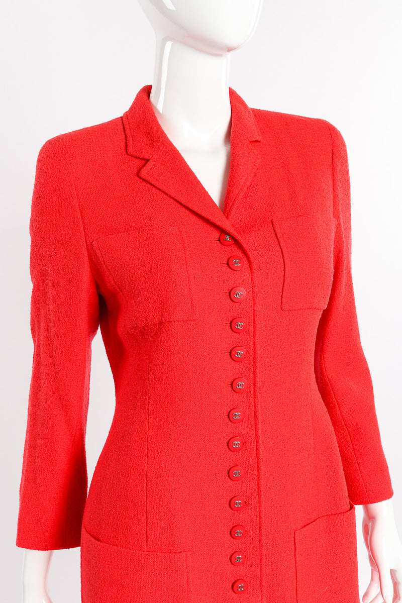 1996 F/W Bouclé Knit Longline Blazer & Skirt Set by Chanel on mannequin chest close @recessla