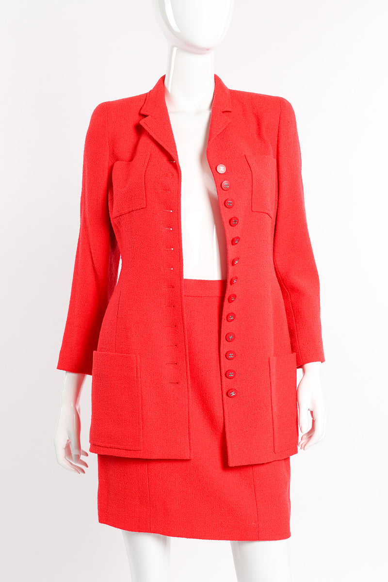 1996 F/W Bouclé Knit Longline Blazer & Skirt Set by Chanel on mannequin jacket open @recessla