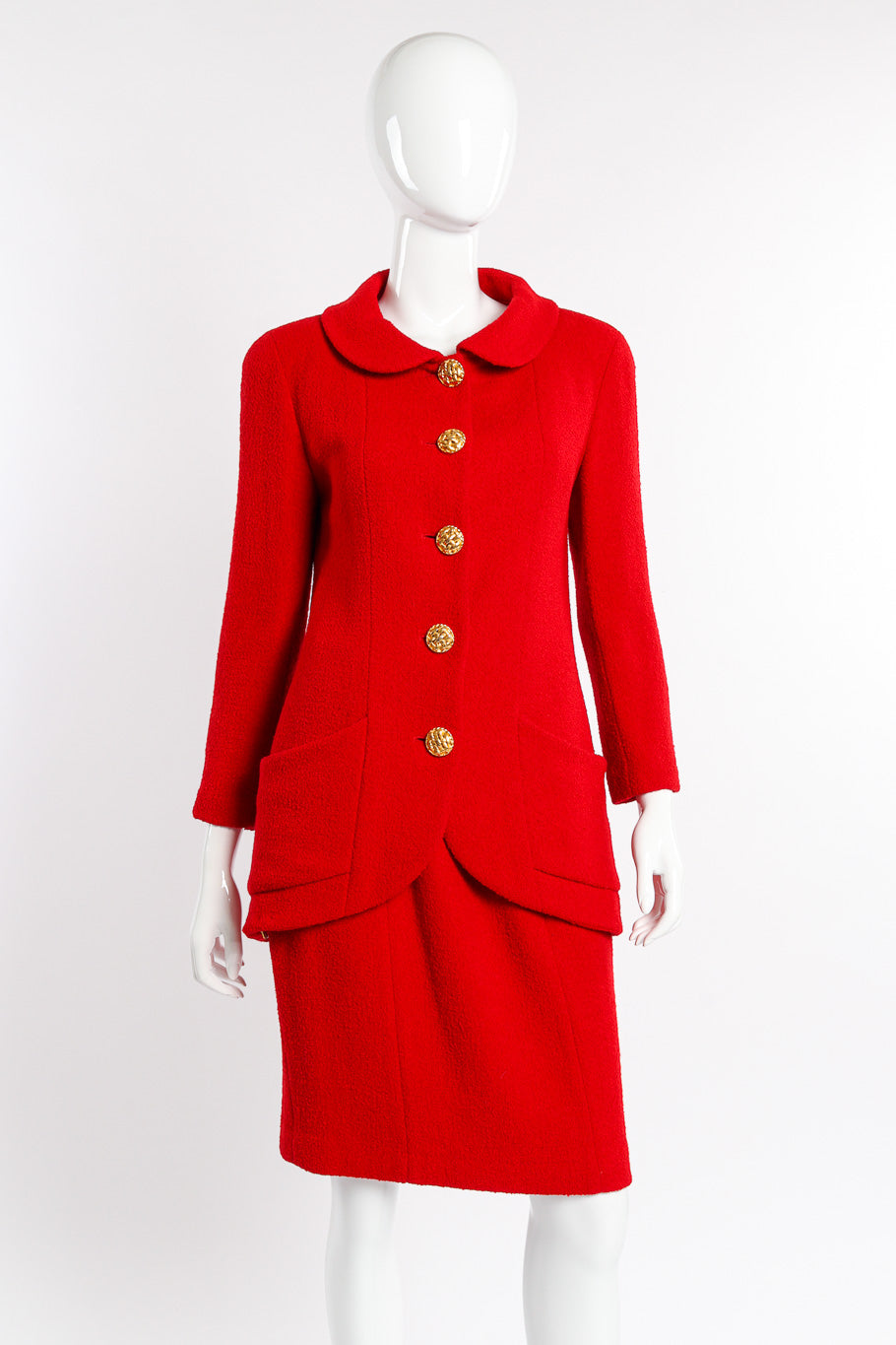 Vintage Chanel 1992 F/W Bouclé Long Jacket And Skirt Set front view on mannequin @recessla