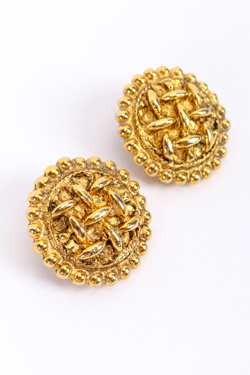 Vintage Chanel Woven Button Earrings 3/4 front view closeup @recessla