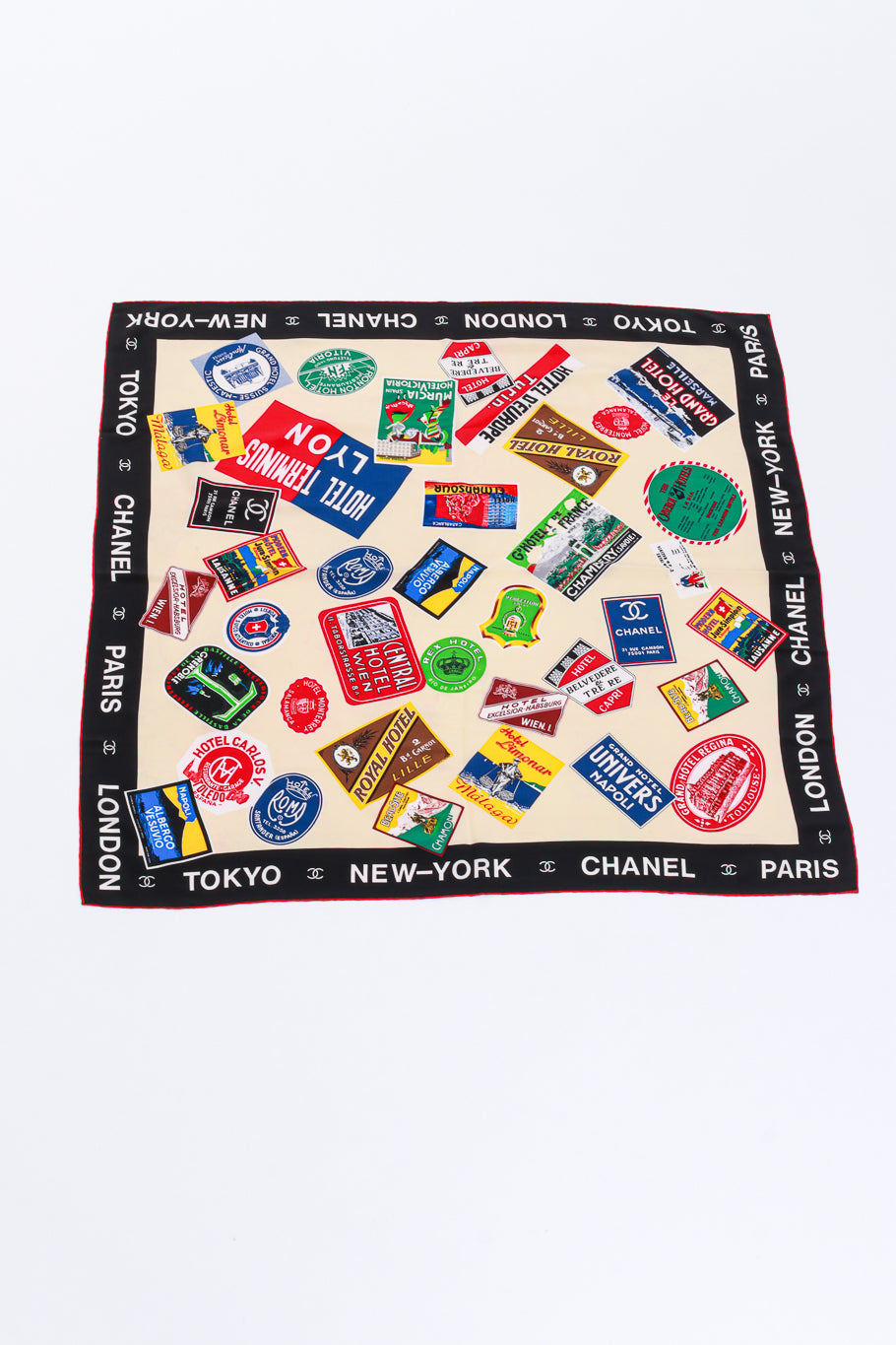 Chanel World Stamp Souvenir Scarf flat lay @RECESS LA