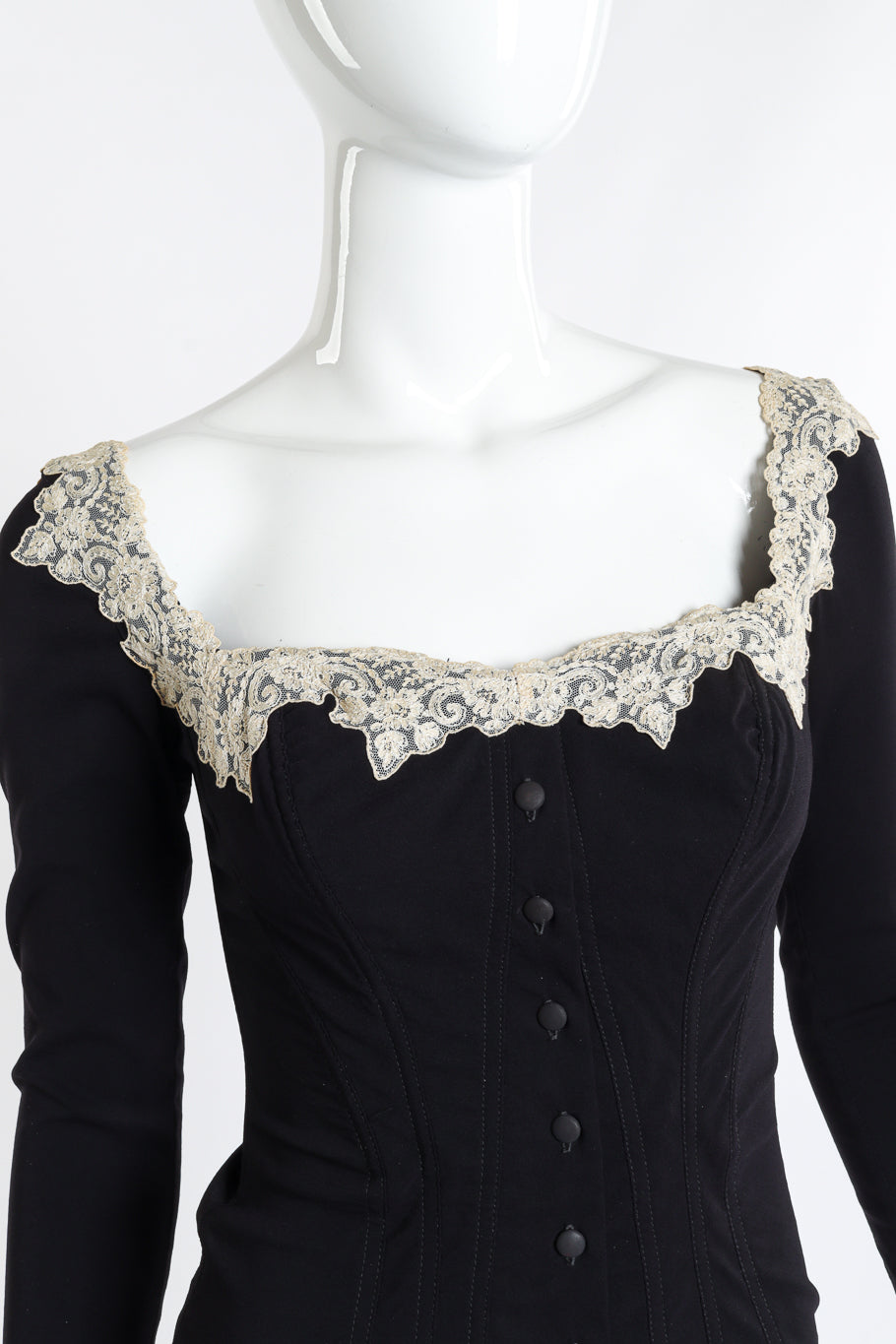 Vintage Chantal Thomass Lace Trim Corset & Skirt Set top front on mannequin closeup @recess la