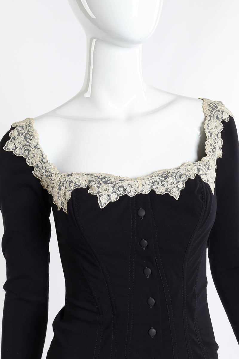 Vintage Chantal Thomass Lace Trim Corset & Skirt Set top front on mannequin closeup @recess la