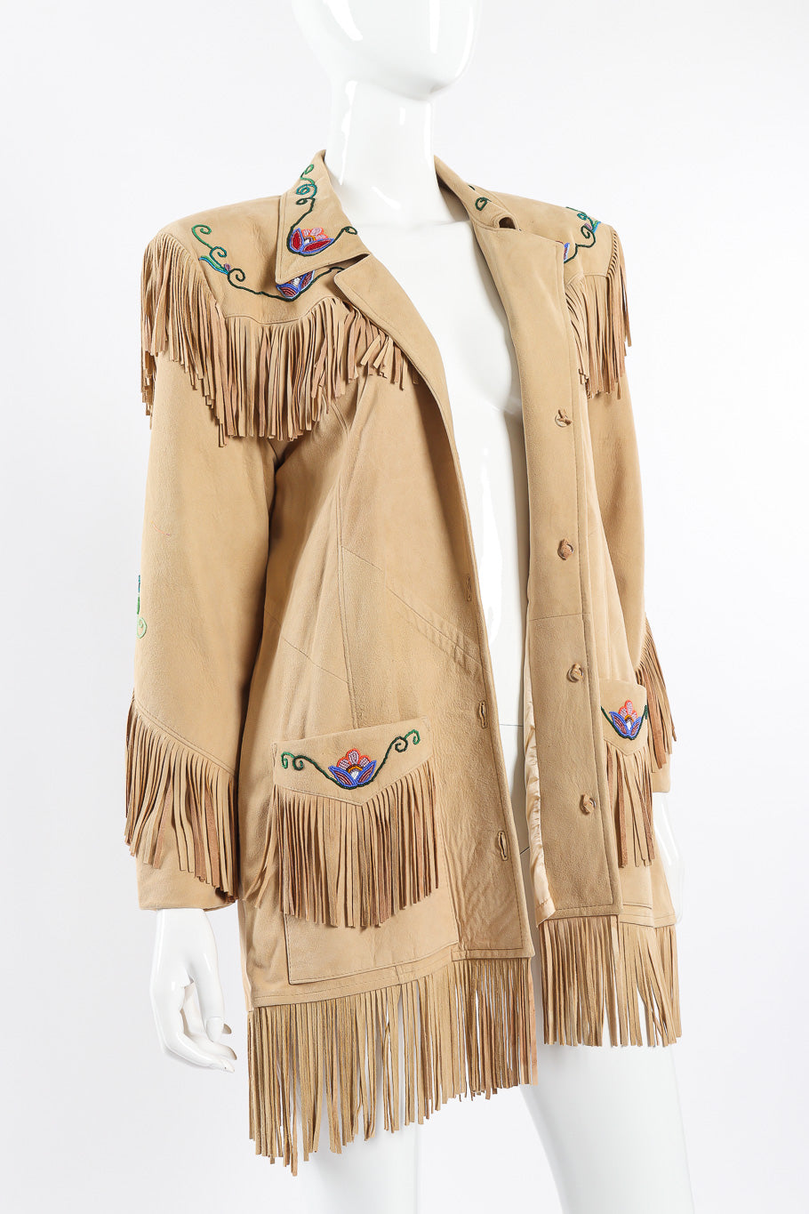 Vintage Char suede fringe jacket 3/4 view on mannequin @Recessla