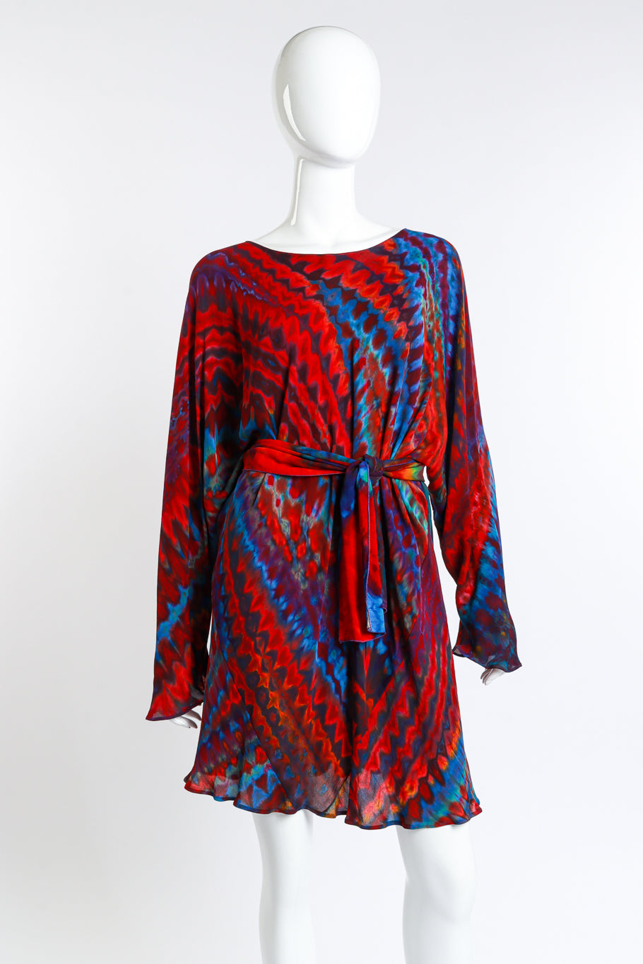 Vintage Carter Rainbow Shibori Dolman Tunic belted front on mannequin @recess la