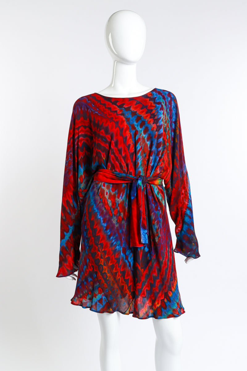 Vintage Carter Rainbow Shibori Dolman Tunic belted front on mannequin @recess la