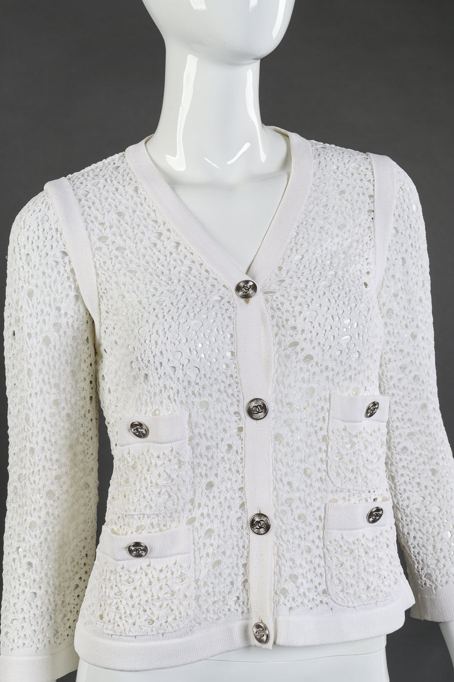 Vintage Chanel 2005 A/W Hole Cardigan front on mannequin closeup @recessla