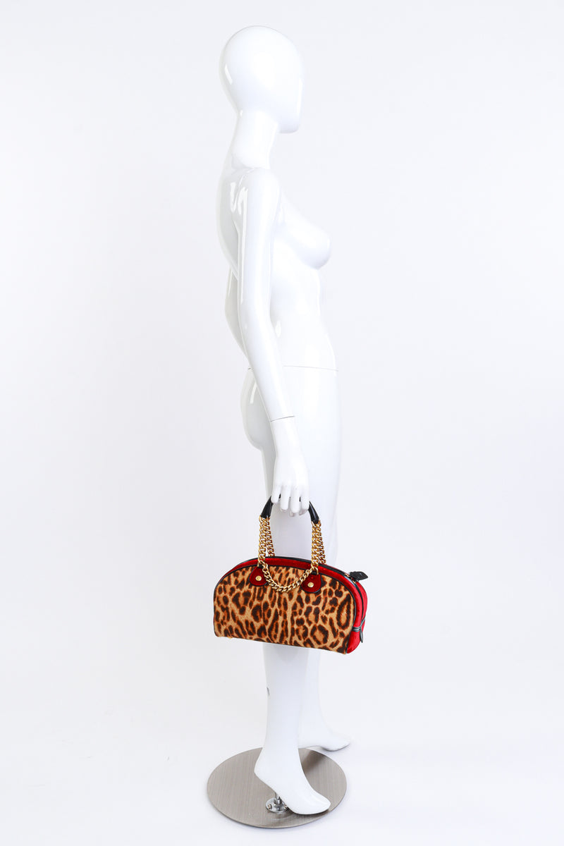 Vintage 2004 F/W Christian Dior Velvet & Leopard Print Bowler Bag held by mannequin for size @recess la