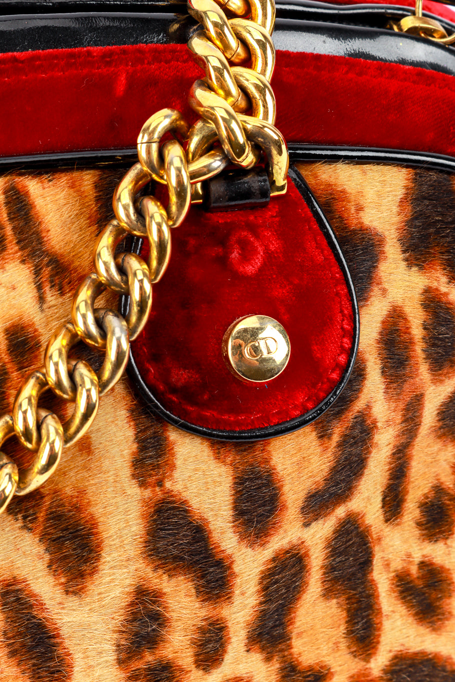 Vintage 2004 F/W Christian Dior Velvet & Leopard Print Bowler Bag chain closeup @recess la