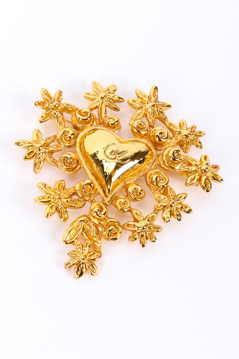 Vintage Christian LaCroix Floral Heart Brooch front view on white backdrop @Recessla