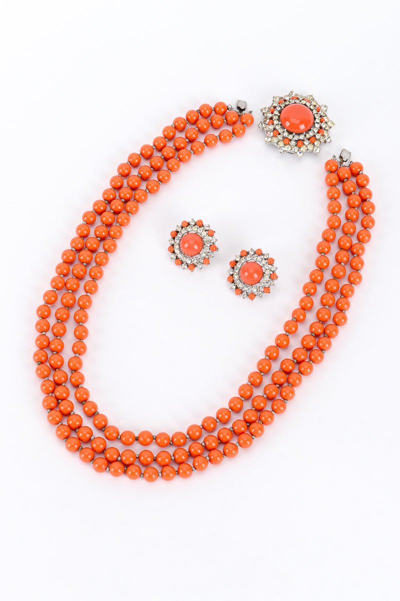 Vintage Trifari Coral Lucite Necklace & Earring Set front of set @recess la