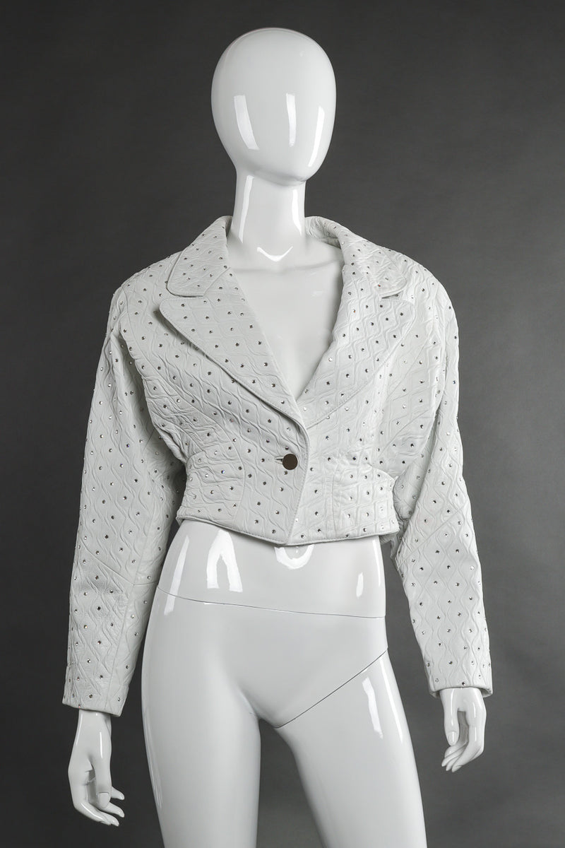 Cropped Rhinestone Embossed Leather Jacket by Dero Enterprises on mannequin @recessla