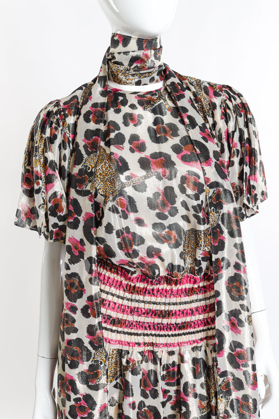 Vintage Diane Freis Metallic Animal Cheetah Dress front on mannequin with sash tied at neck closeup @recess la