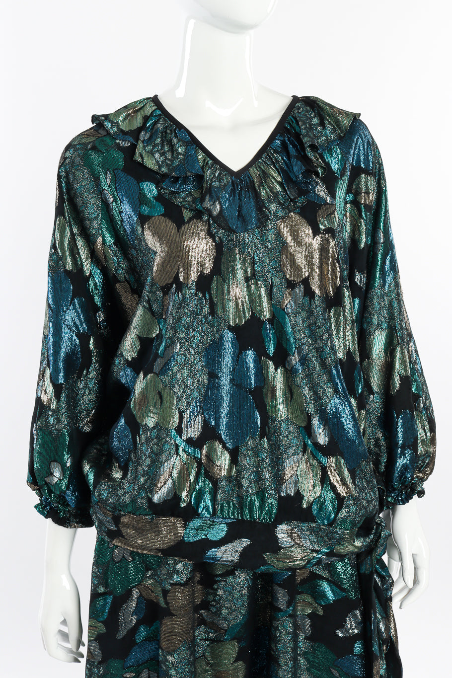 Lamé Ruffle Blouse & Skirt Set by Diane Freis on mannequin front close @recessla