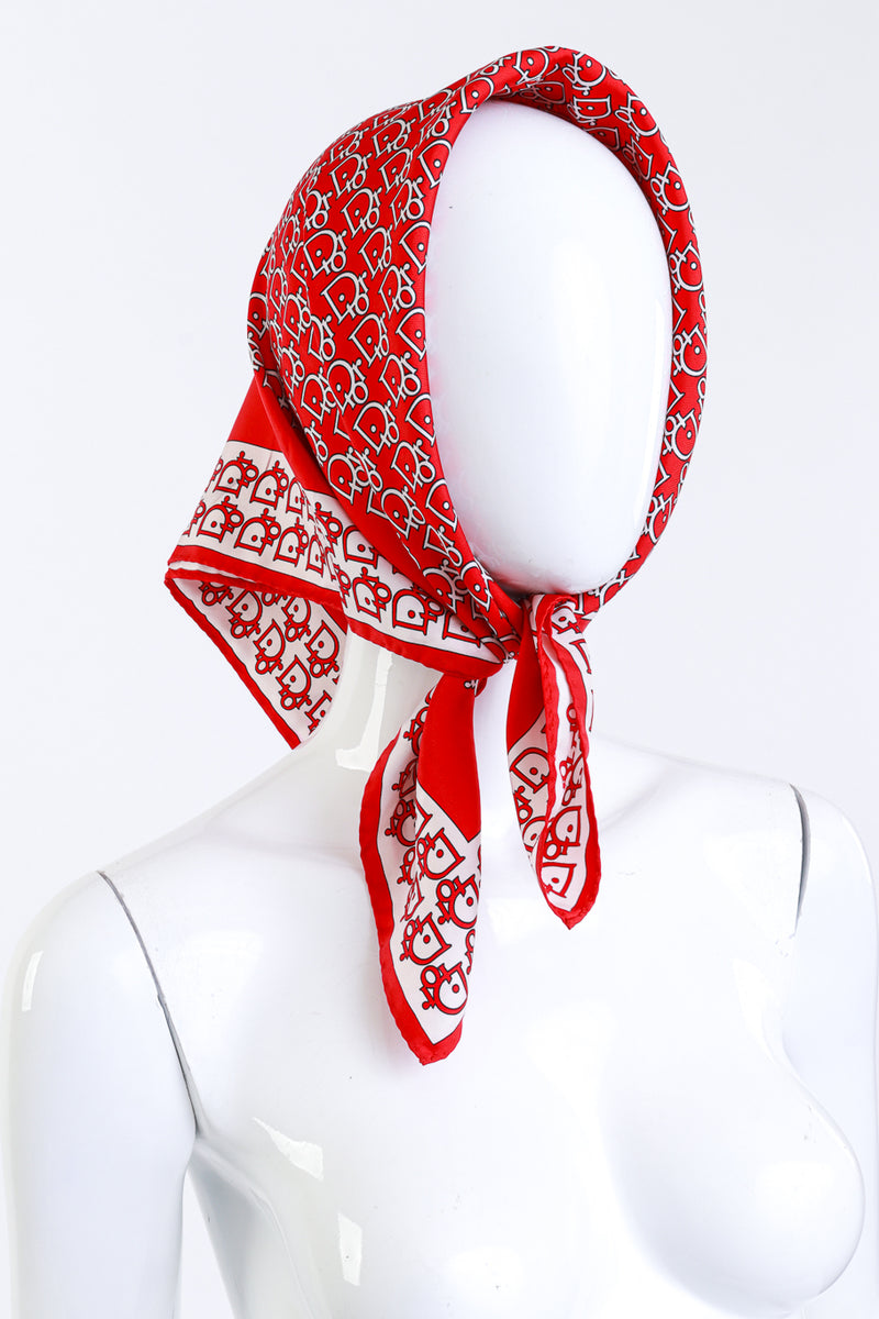 Vintage Christian Dior Logo Print Scarf front tied around mannequin head @recess la