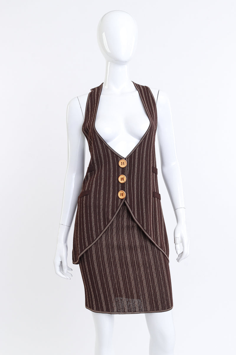 Vintage Christian Dior 3-Piece Pinstripe Skirt Suit vest & skirt front on mannequin @recess la