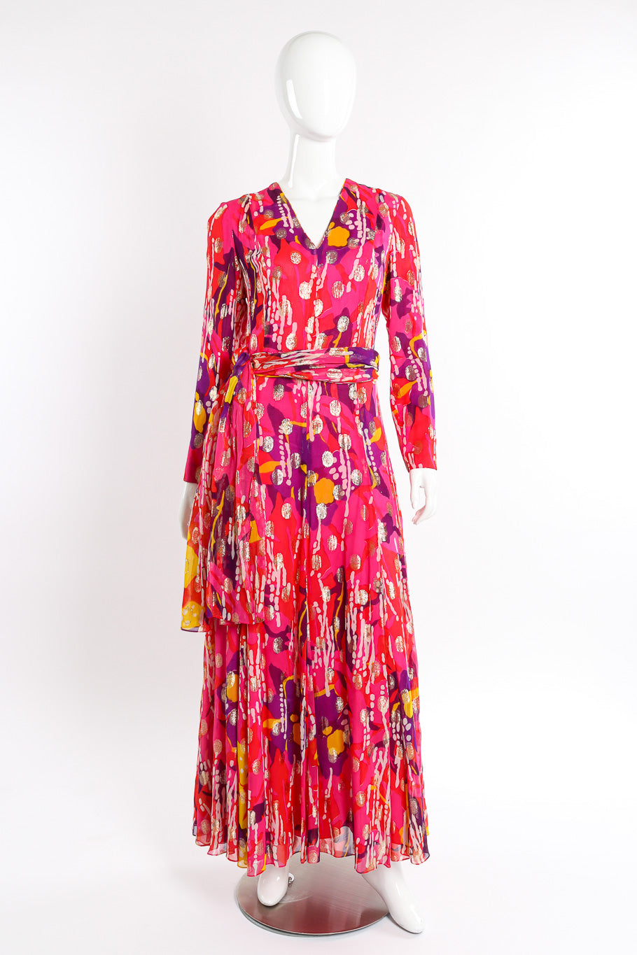 Vintage Doreen Loh Abstract Floral Print Maxi Dress front view on mannequin with sash around waist @Recessla