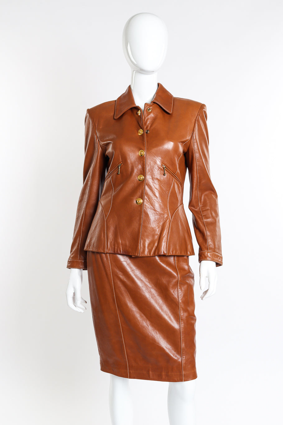 Vintage Escada Leather Fringe Jacket & Skirt Set front on mannequin @recessla