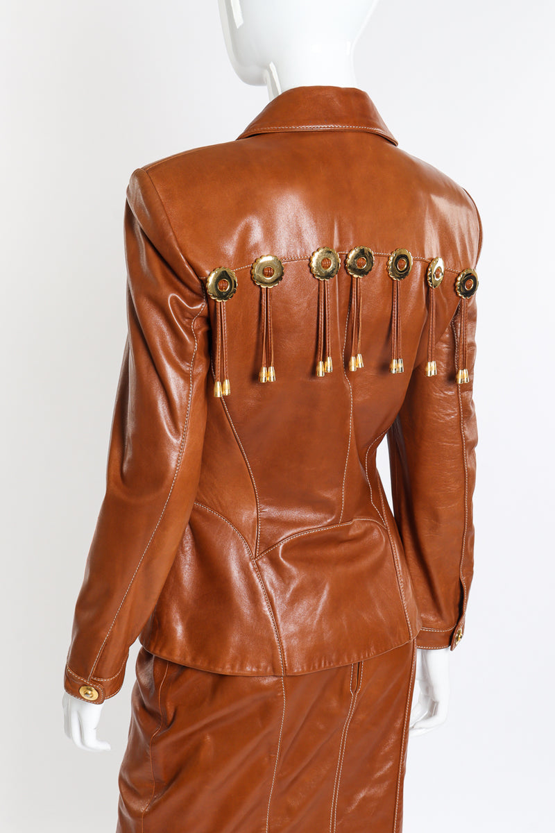 Vintage Escada Leather Fringe Jacket & Skirt Set back on mannequin closeup @recessla