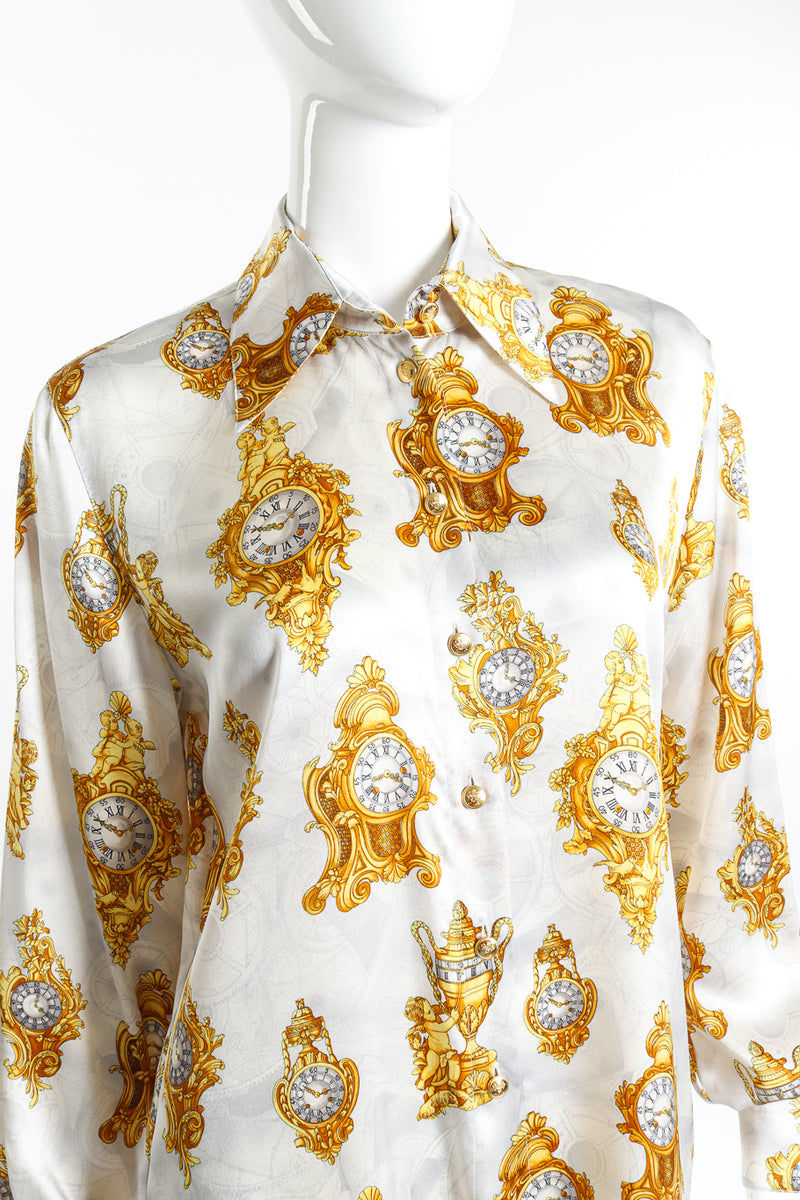 Vintage Escada Baroque Clock Print Silk Blouse front on mannequin closeup @recess la