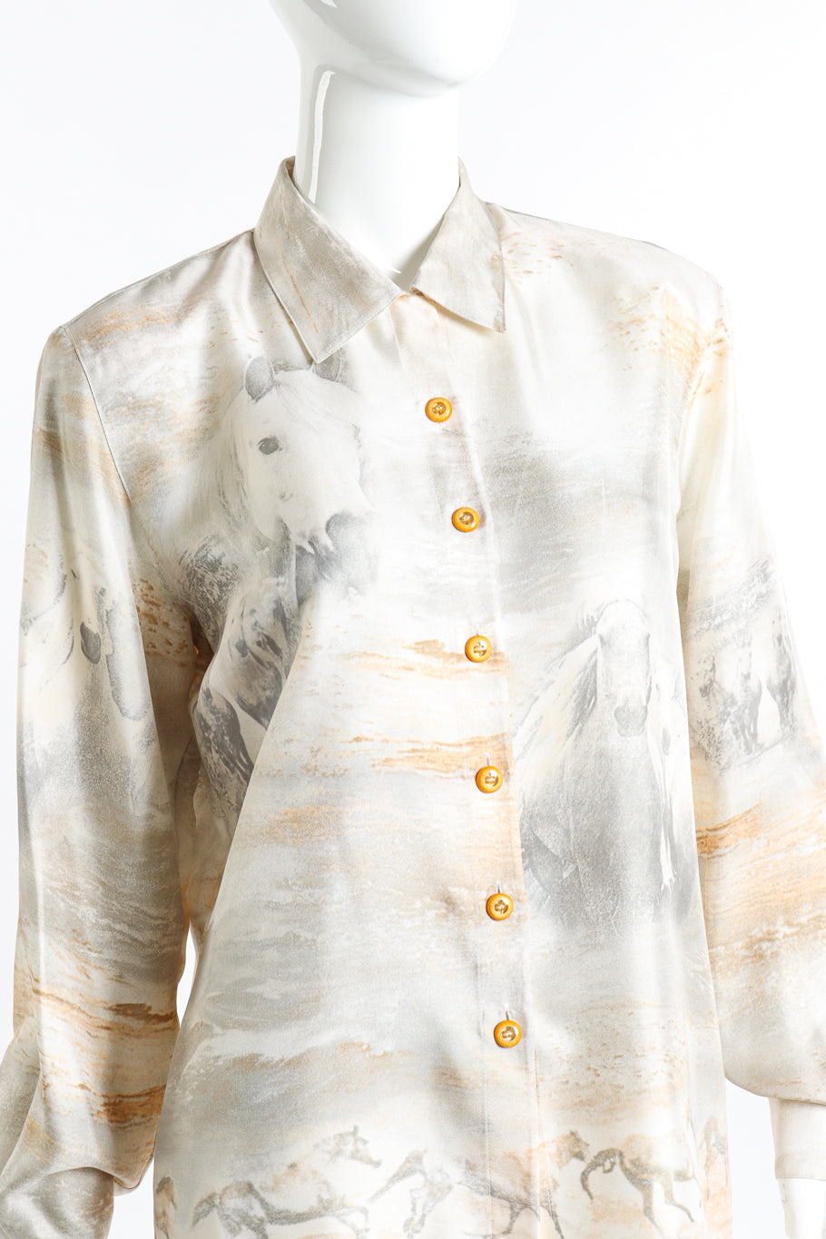 Long sleeve silk blouse with wild horses graphic print by Escada close up front view on mannequin @Recess LA