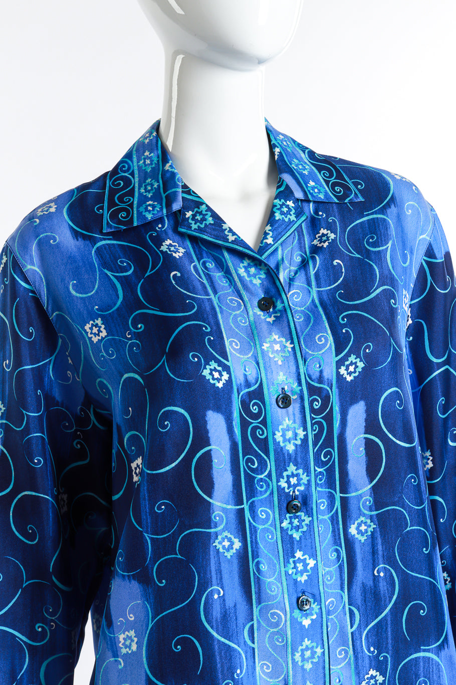 Watercolor Swirl Blouse by Escada on mannequin chest close @recessla