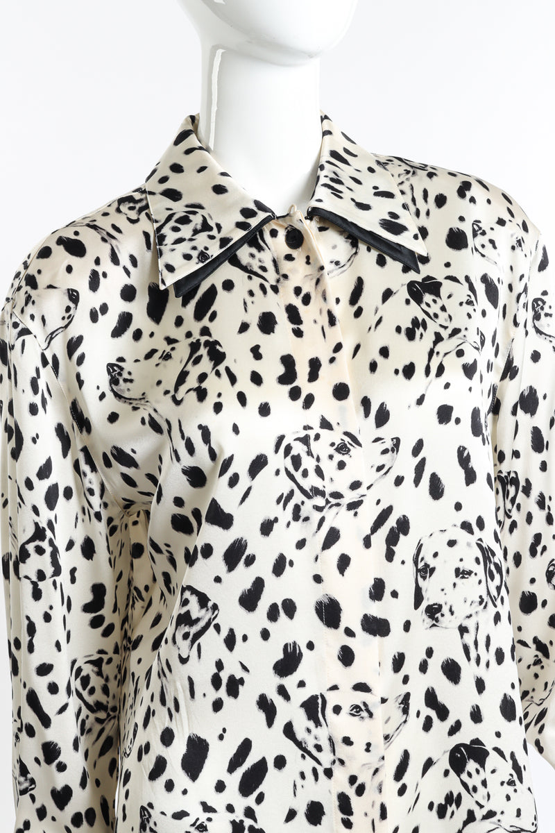 Vintage Escada Dalmatian Print Blouse close up front view on mannequin @Recess LA