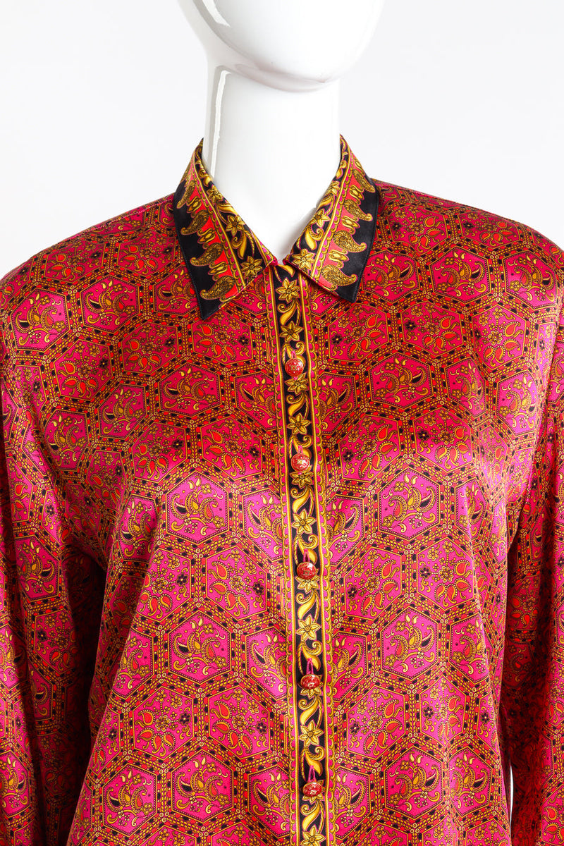 Vintage Margaretha Ley for Escada paisley honeycomb silk blouse close up front view on mannequin @Recess LA